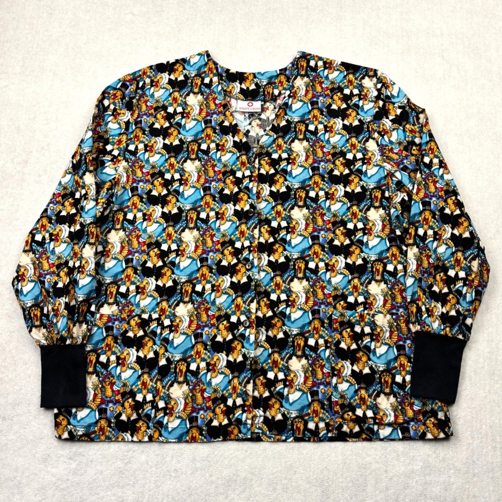 White Cross Scrub Jacket XL Thanksgiving Turkey Pilgrim Printed Button Front Top